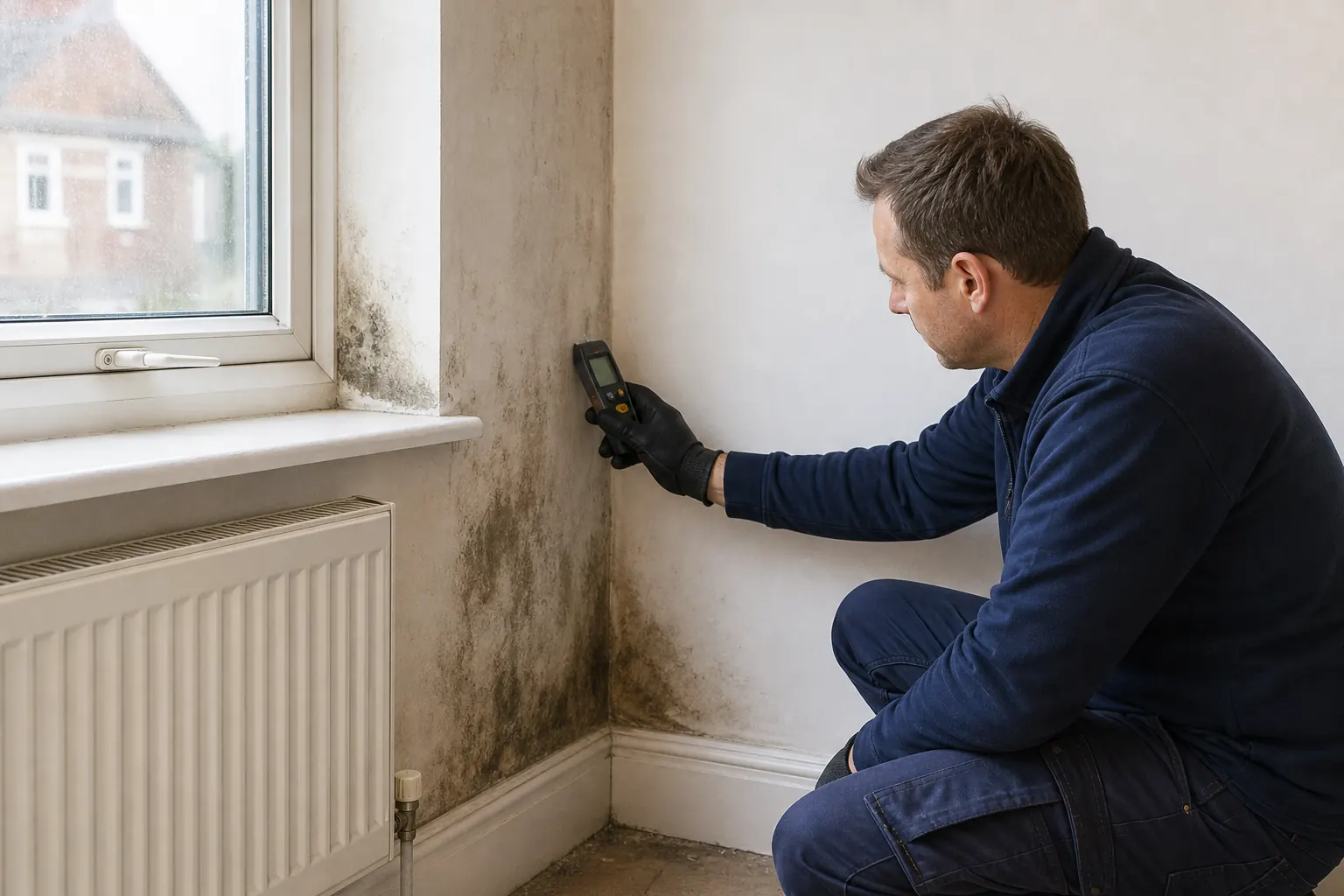 Property maintenance technician assessing damp and mould with a moisture meter in a UK home
